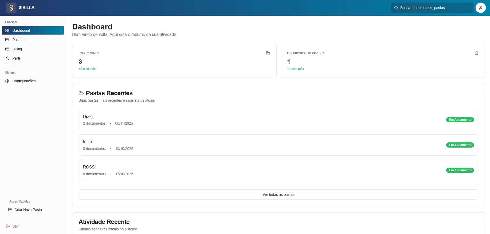 Dashboard da plataforma Sibilla mostrando pastas de clientes, documentos traduzidos e atividade recente