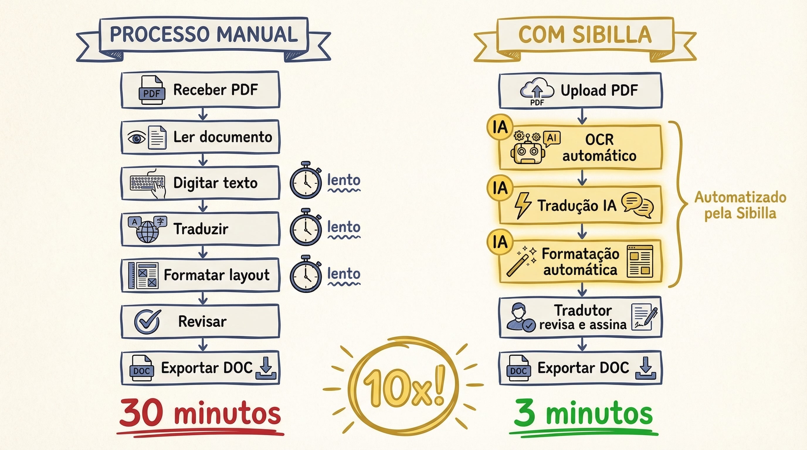 Processo manual vs com Sibilla — 30 minutos vs 3 minutos por documento