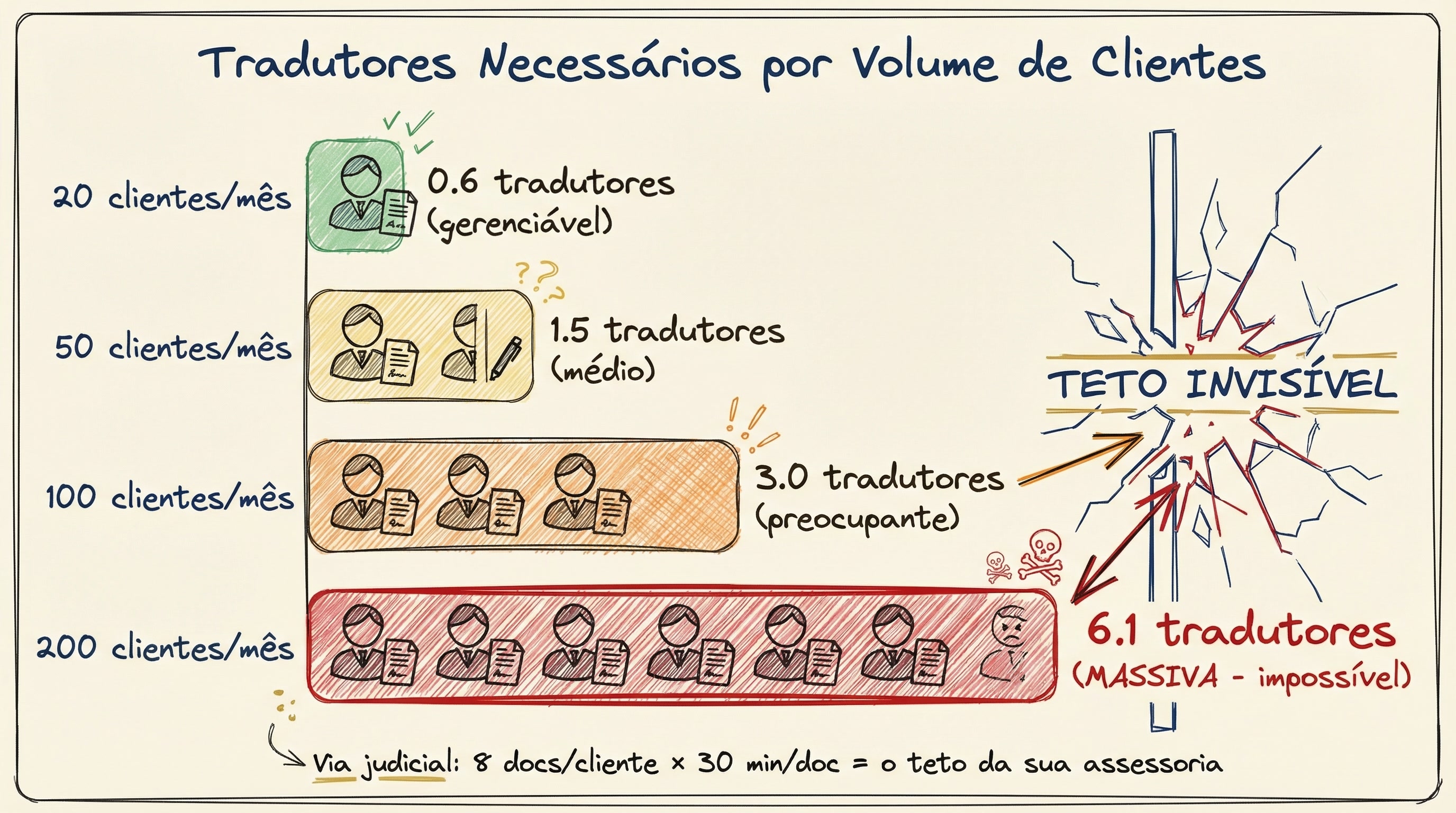 Tradutores necessários por volume de clientes — o teto invisível da sua assessoria