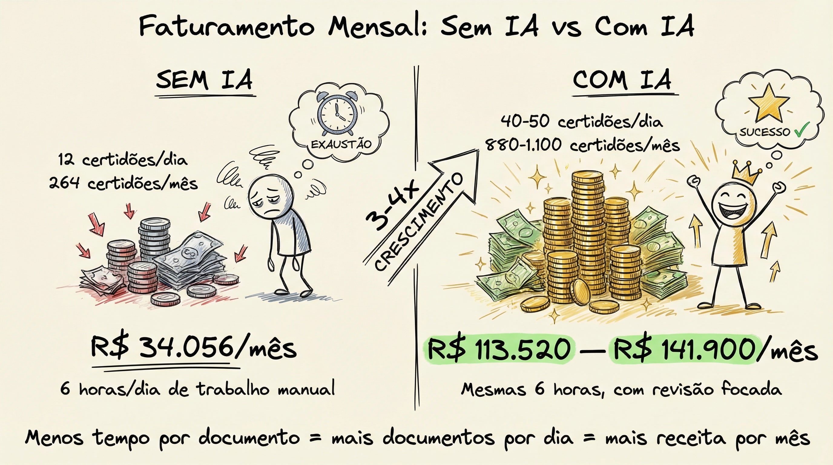 Faturamento mensal: sem IA vs com IA — 3 a 4x mais receita
