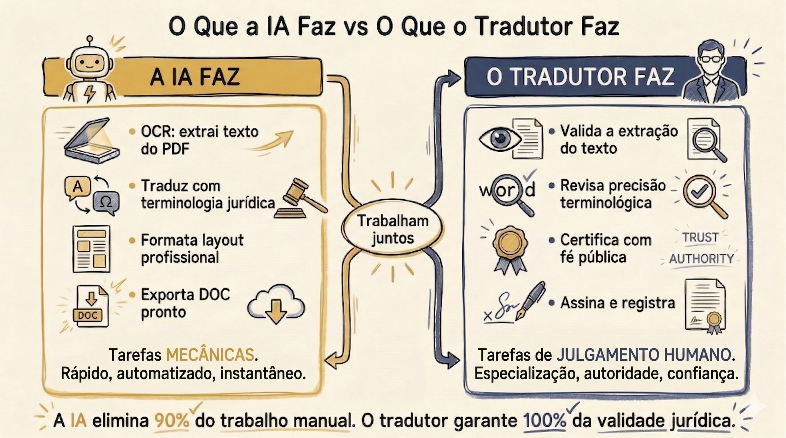 O que a IA faz vs o que o tradutor faz — trabalham juntos