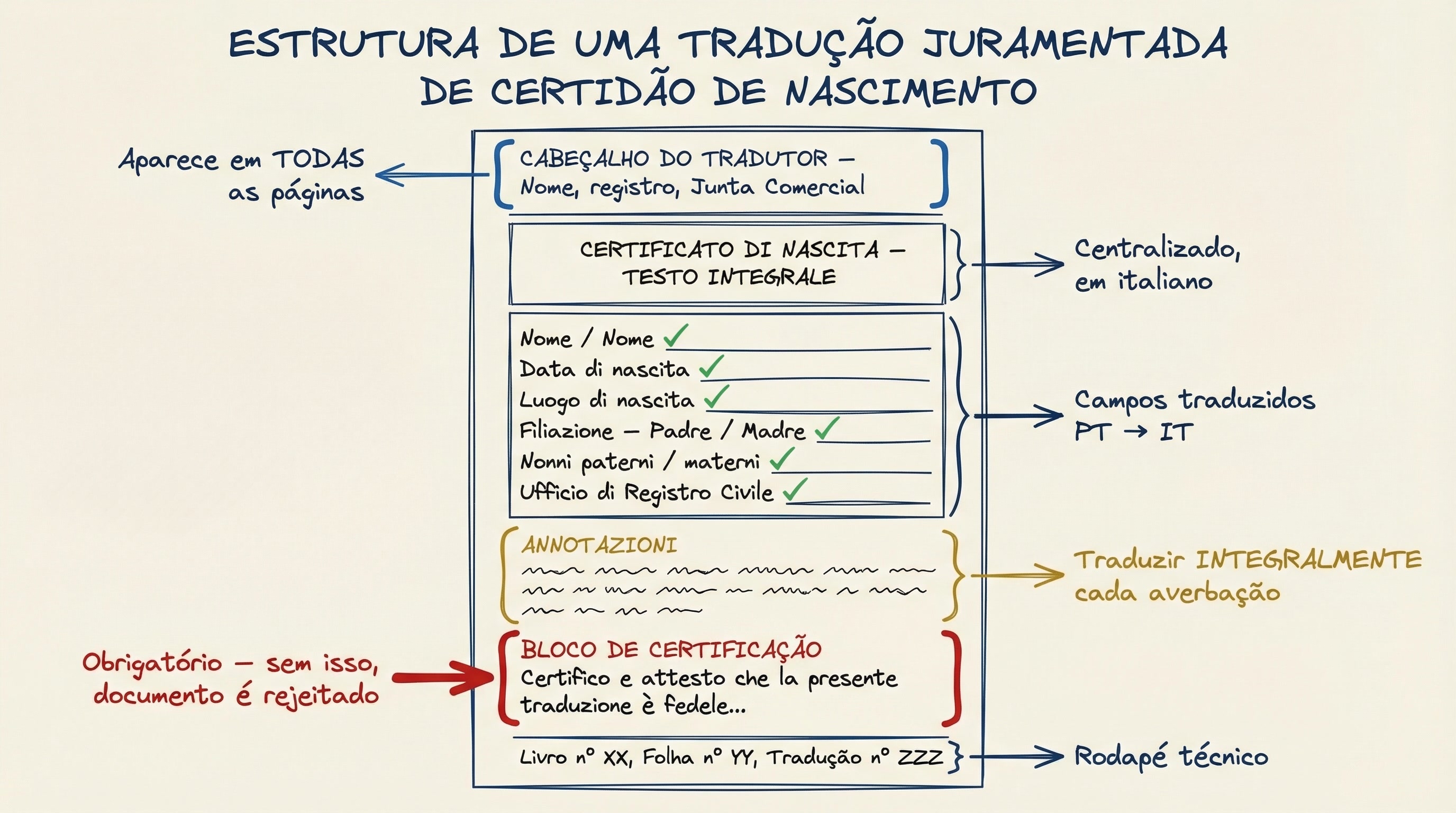 Estrutura de uma tradução juramentada de certidão de nascimento — seções anotadas